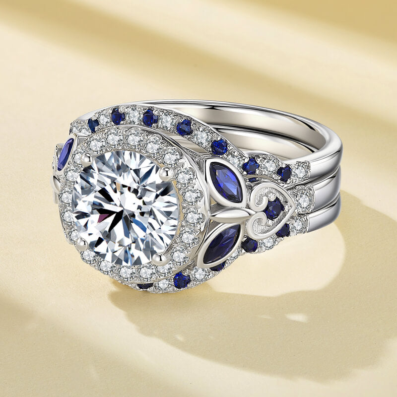 Enchanted Blossom Halo Moissanite with Blue Sapphires Engagement Ring Set