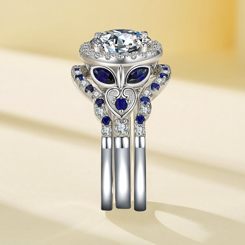 Enchanted Blossom Halo Moissanite with Blue Sapphires Engagement Ring Set