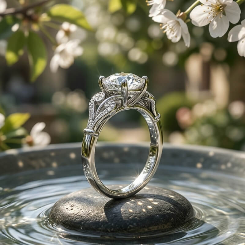 Enchanted Vine Round Cut Moissanite Pave Engagement Ring