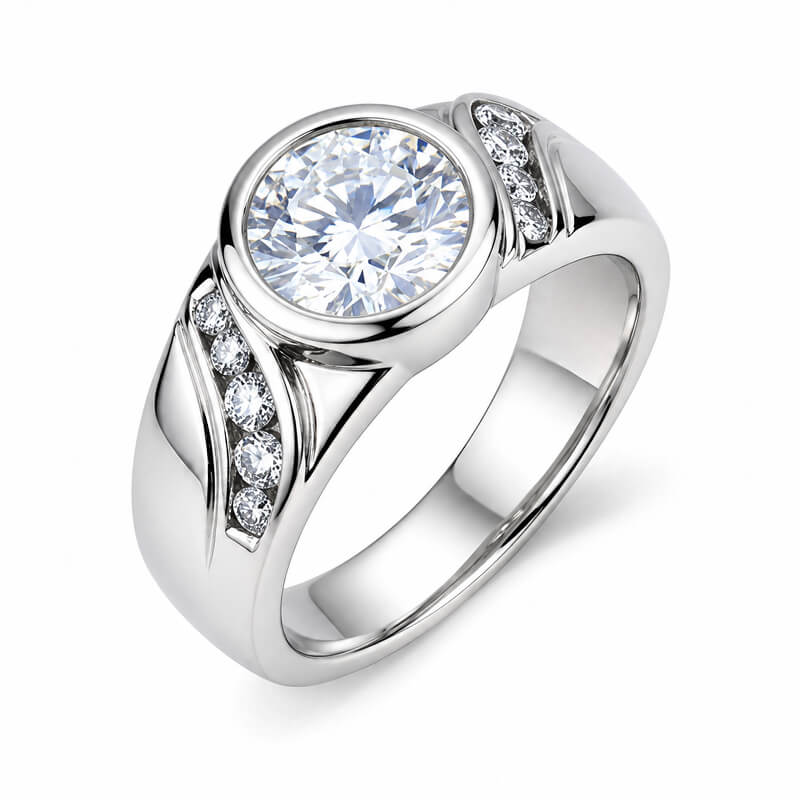 Endless Flow Round Bezel Set Moissanite Wide Band Engagement Ring
