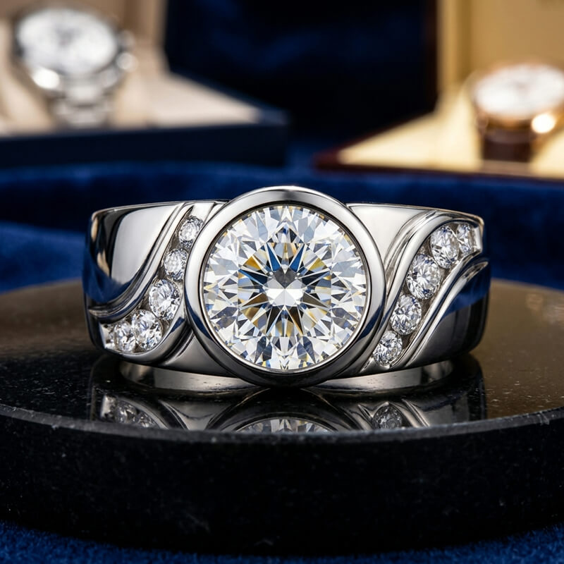 Endless Flow Round Bezel Set Moissanite Wide Band Engagement Ring