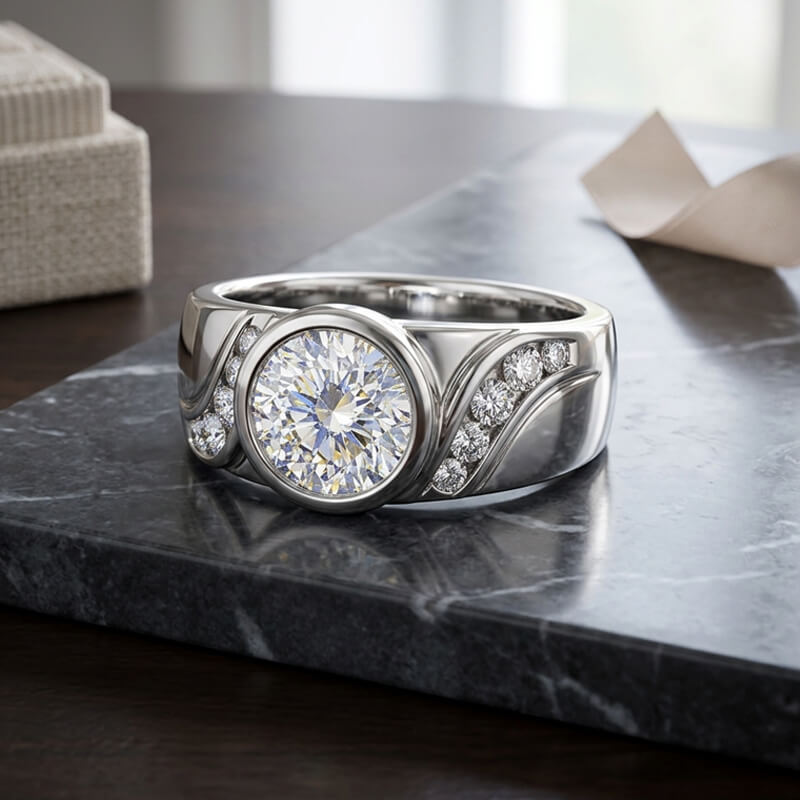 Endless Flow Round Bezel Set Moissanite Wide Band Engagement Ring