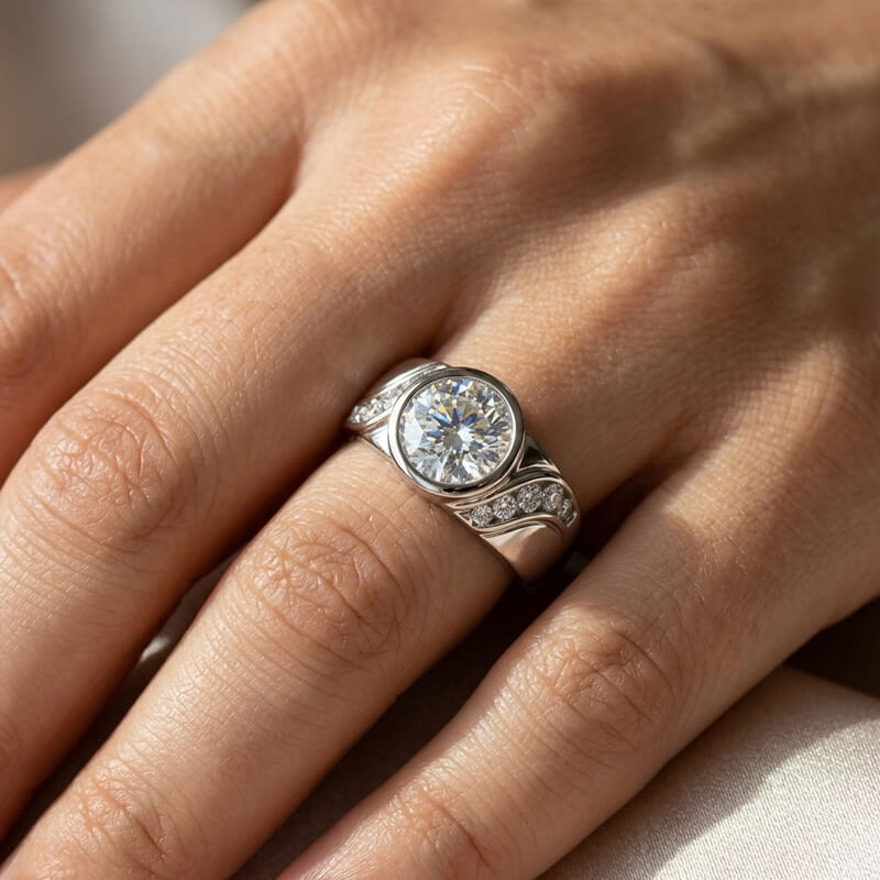 Endless Flow Round Bezel Set Moissanite Wide Band Engagement Ring