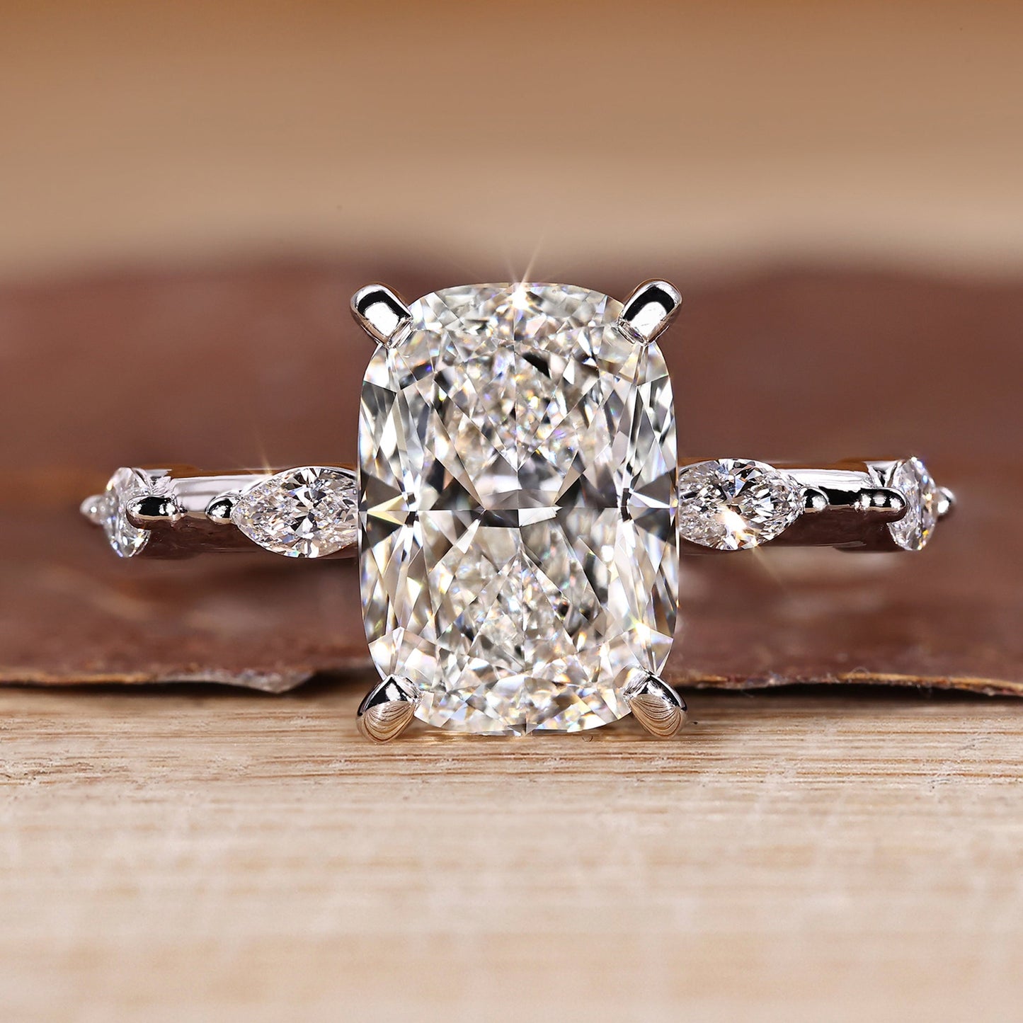 Elongated Cushion Cut Diamond Ring in Distance Pave Setting