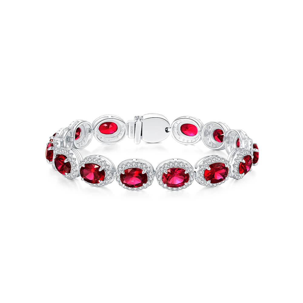 Eternity Halo Oval Ruby Sterling Silver Bracelet