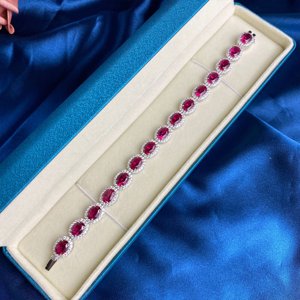 Eternity Halo Oval Ruby Sterling Silver Bracelet