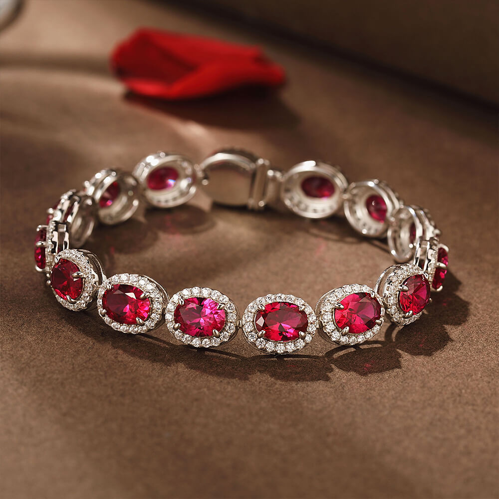 Eternity Halo Oval Ruby Sterling Silver Bracelet