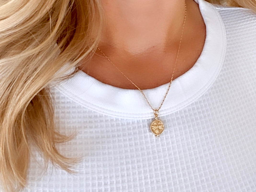 Gold Bee Necklace Gold Filled Necklace Gold Honey Bee Medallion Necklace Bumblebee Coin Pendant Rustic Coin Queen Bee Charm Christmas Gift