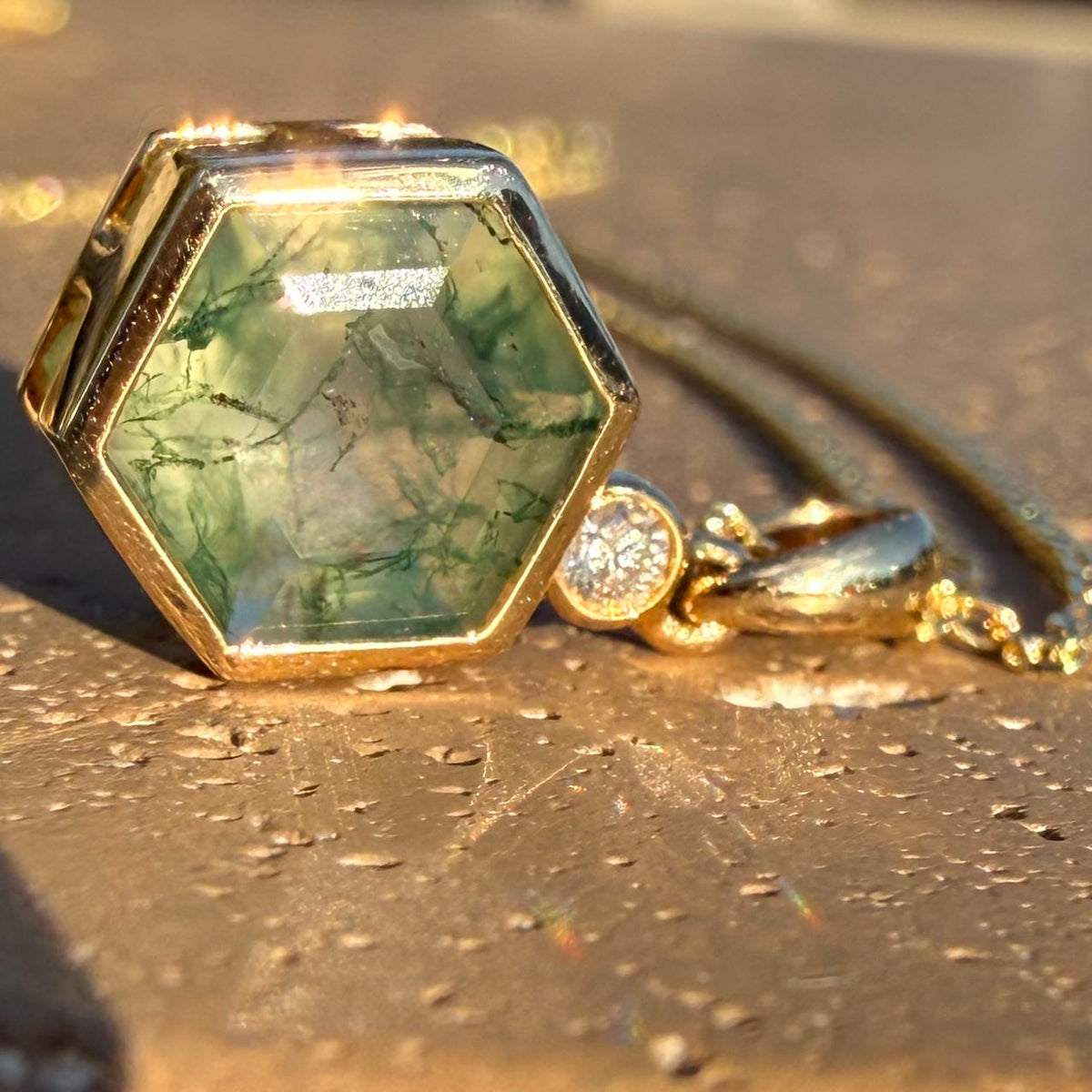 Hexagon Moss Agate Necklace | 14K Yellow Gold