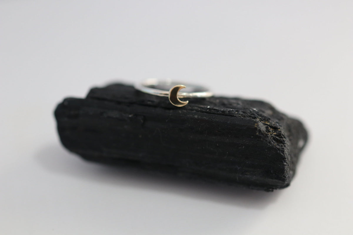 Crescent Moon Stacking Ring in Mixed Metal / Sterling Silver and 14 karat Yellow Gold / READY TO SHIP in 5.75