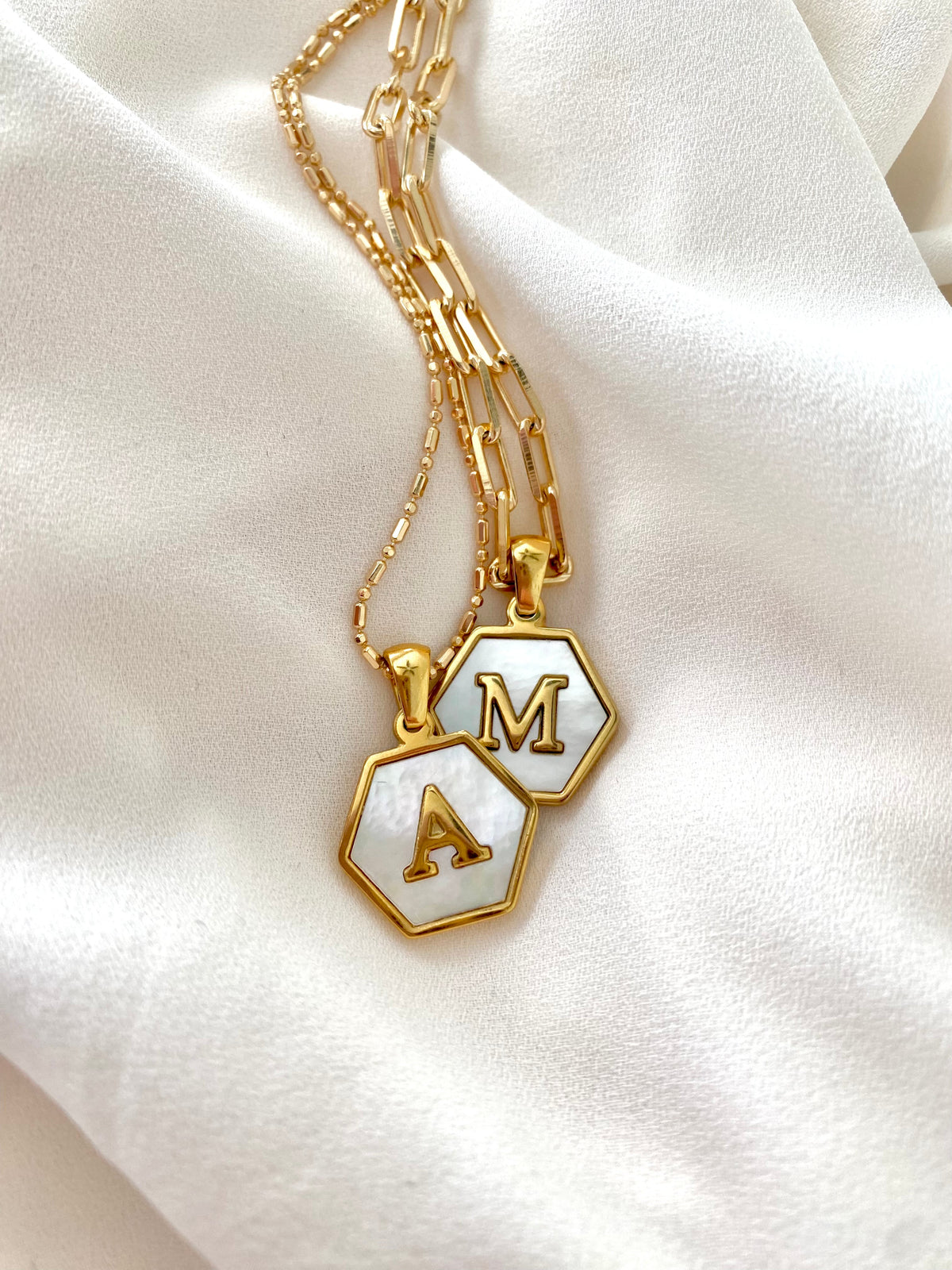 Gold Hexagon Mother of Pearl Letter Pendant Necklace - Gold Filled Chain