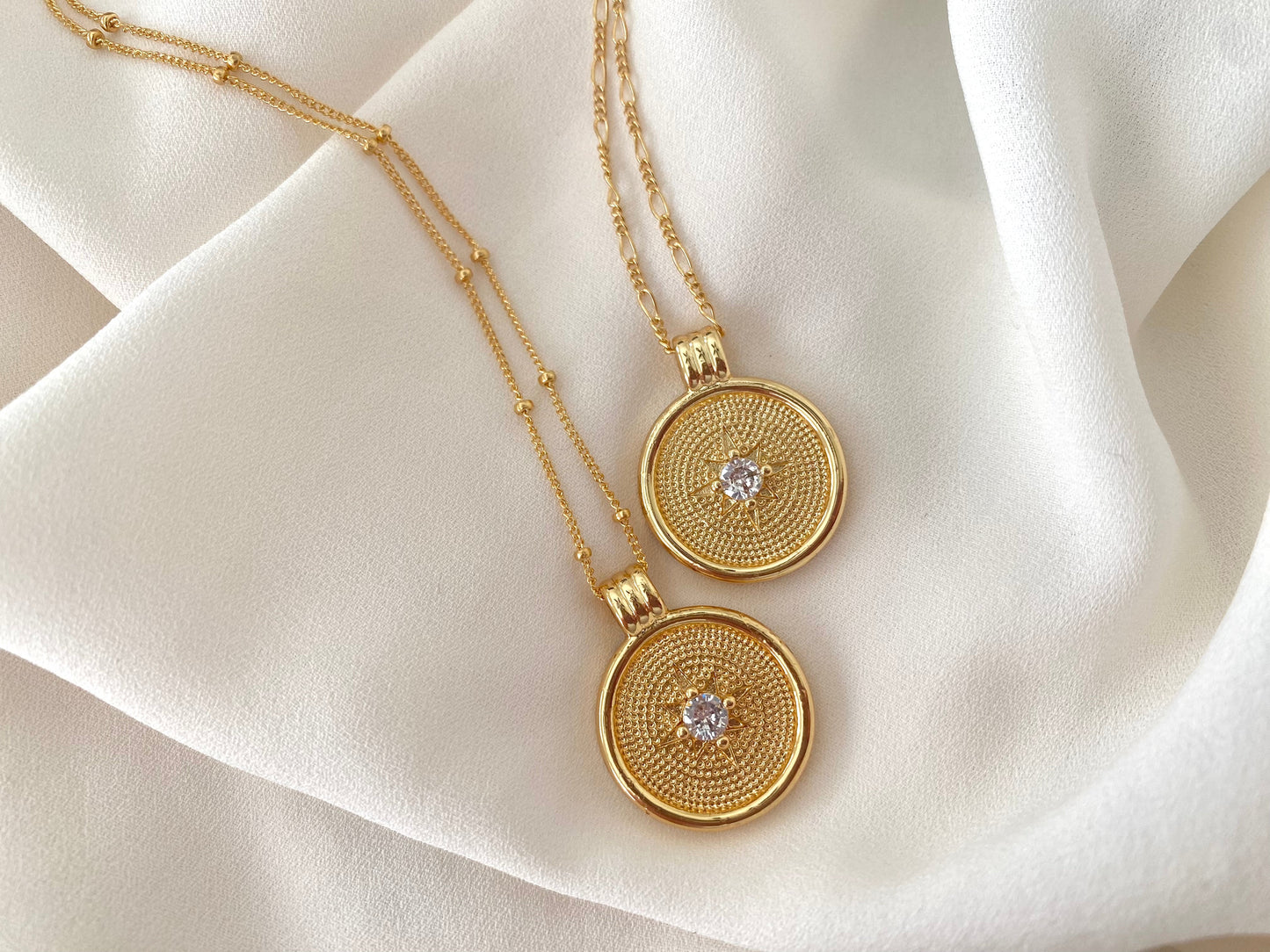 Gold Coin Necklace with CZ Crystal Charm Gold Filled Medallion Necklace Dainty Paperclip Figaro Chain Minimalist Layering Necklace Gift Idea