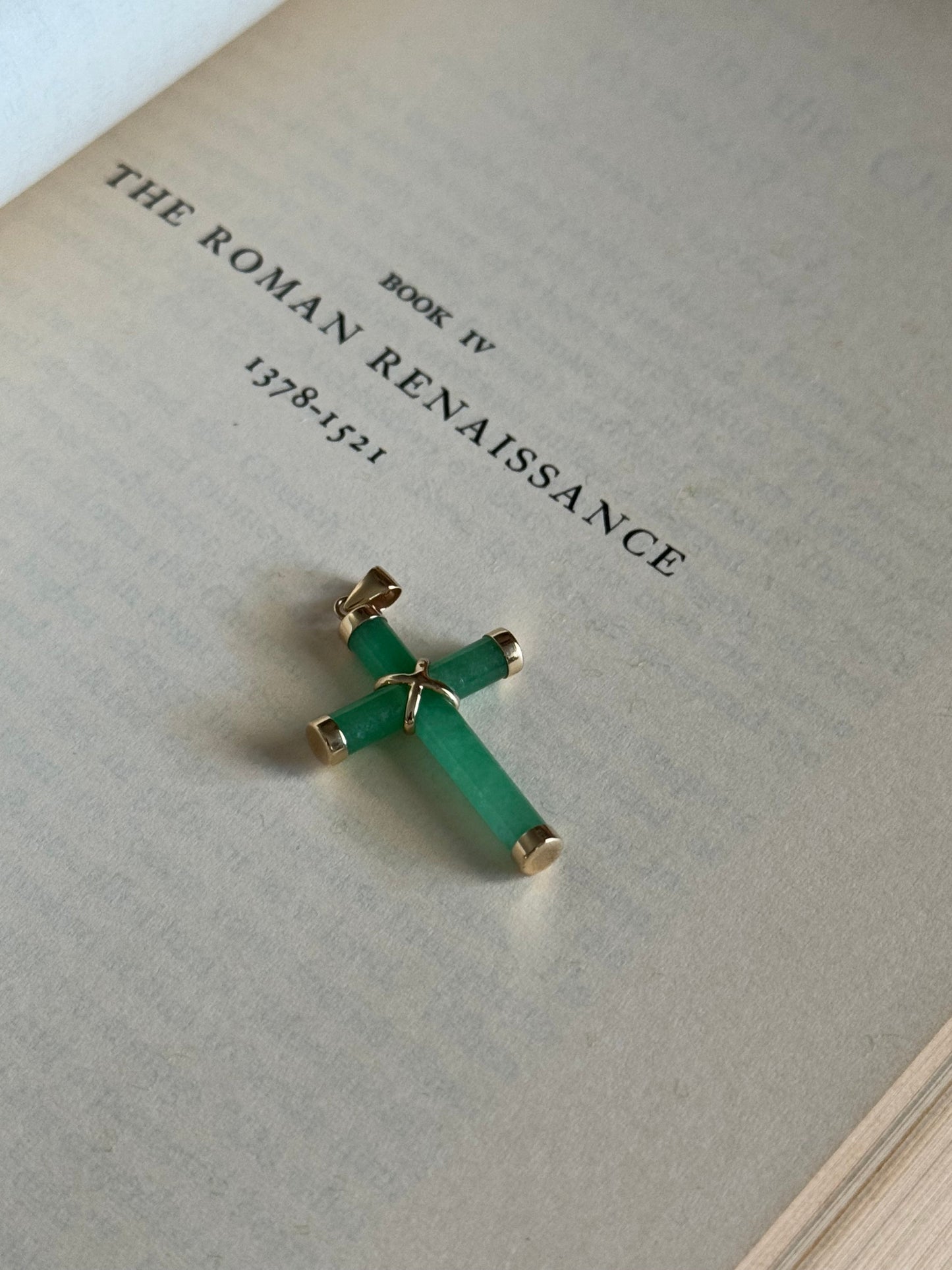 Estate 14k Yellow Gold & Jade Cross Charm