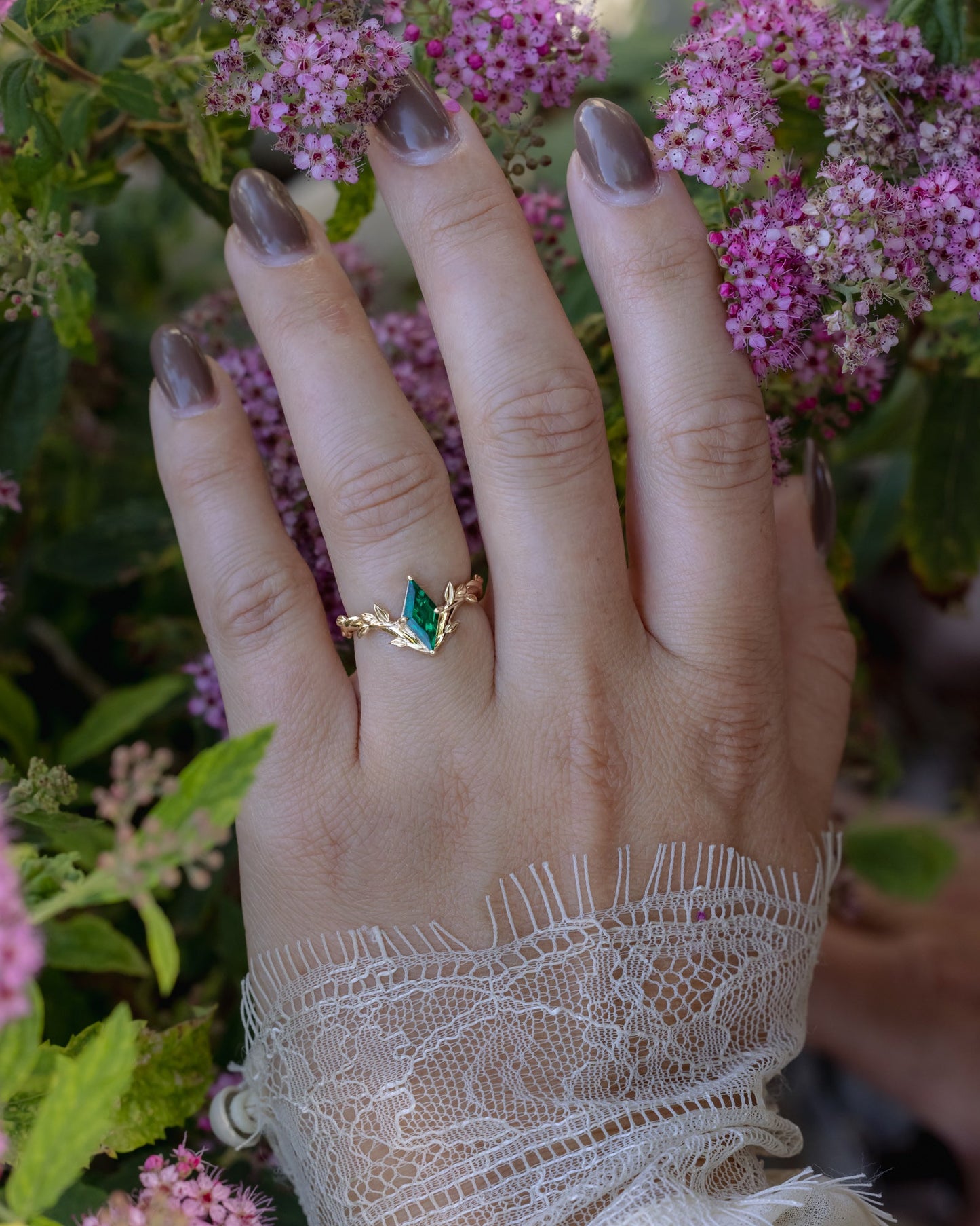 "Fae" - Solitaire Lozenge Cut Lab-Grown Emerald Engagement Ring On A Branch-Style Band