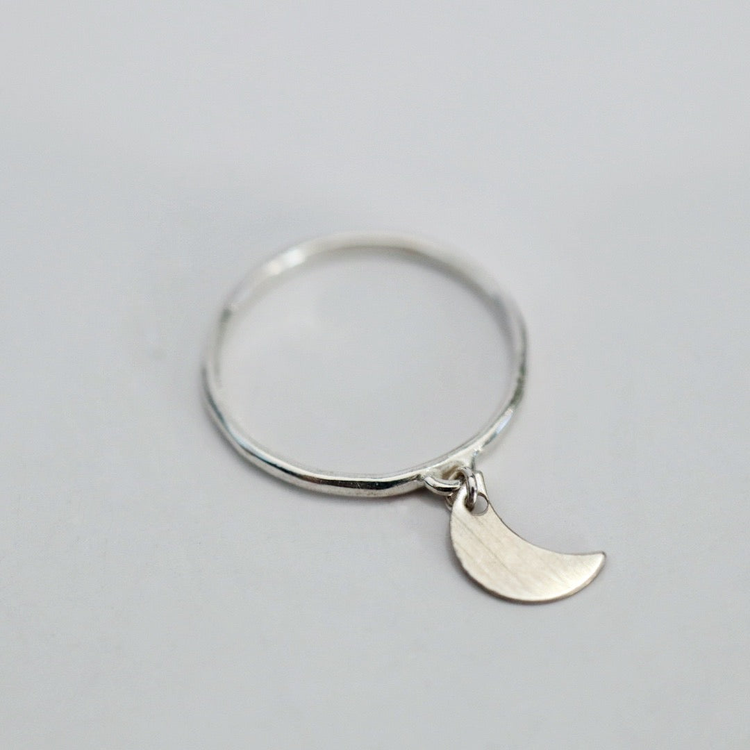 Sterling Silver Moon Charm Ring - Celestial Dangle Stacking Ring