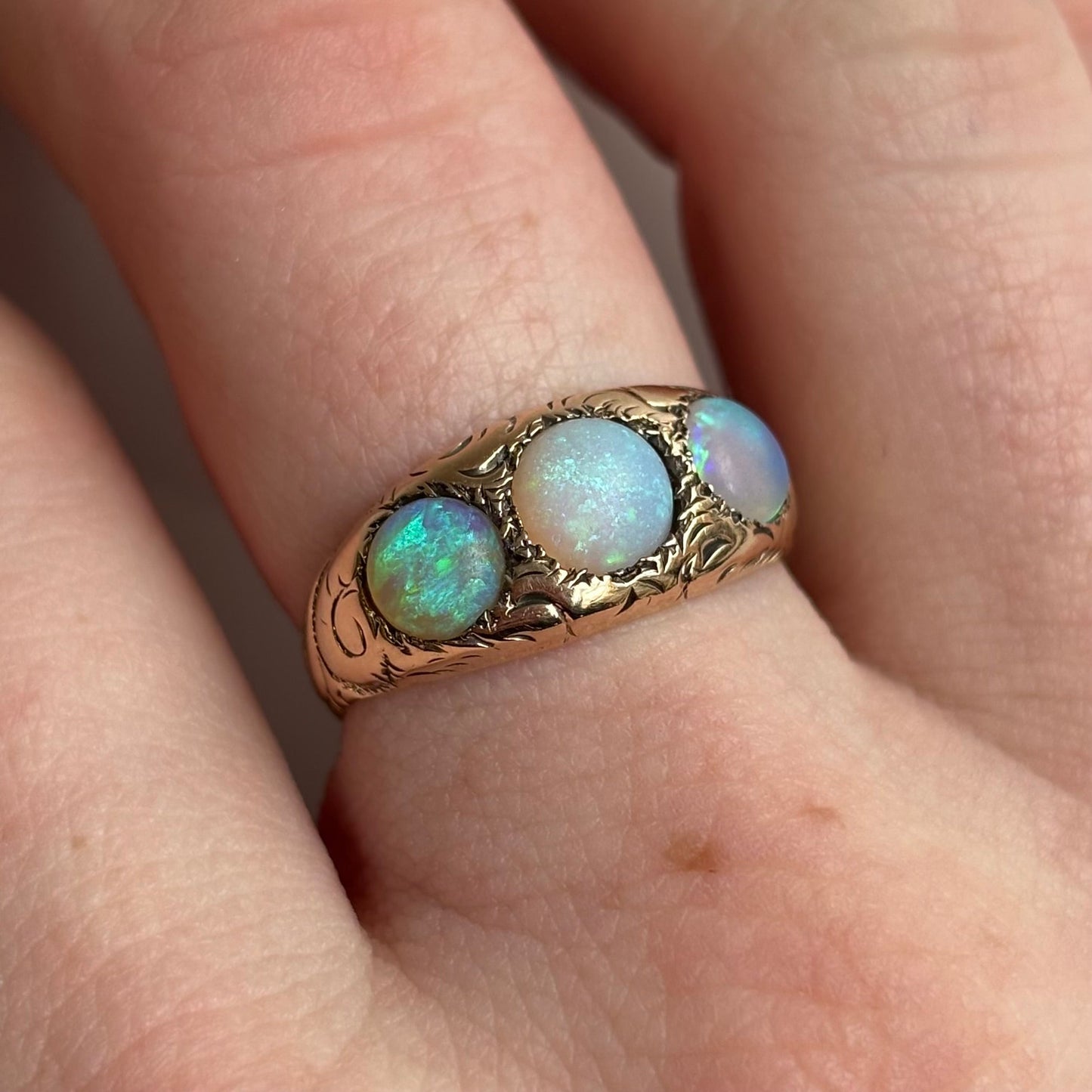Gypsy Set Three Stone Opal Ring | 14K Yellow Gold | Vintage