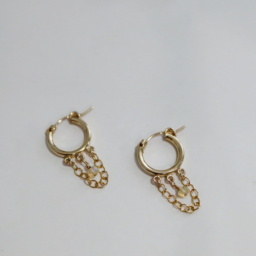 Opal Gemstone  And Chain Drop Hoop Earrings in 14 karat Gold fill / READY TO SHIP