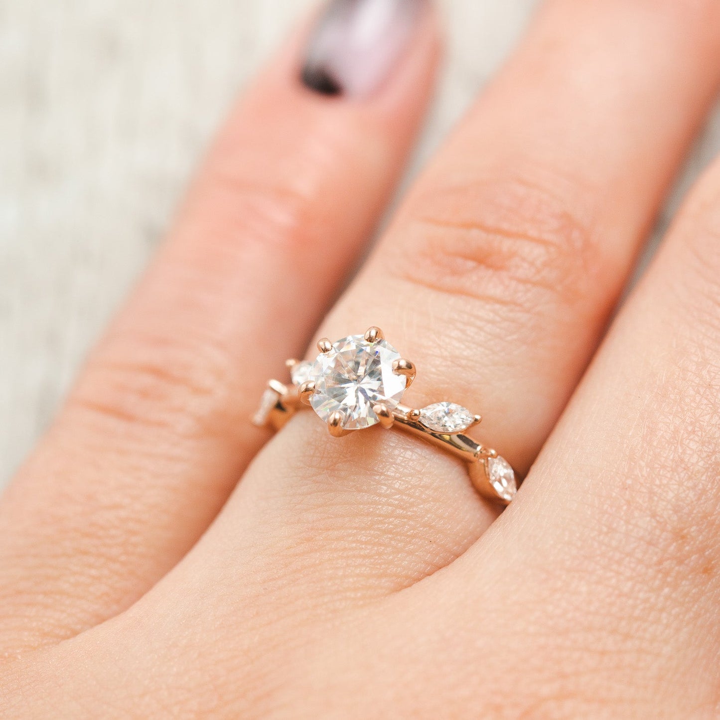"Flora" - Round Cut Moissanite Engagement Ring With Marquise Cut Diamond Accents - 14K Yellow Gold - Size 4 1/2