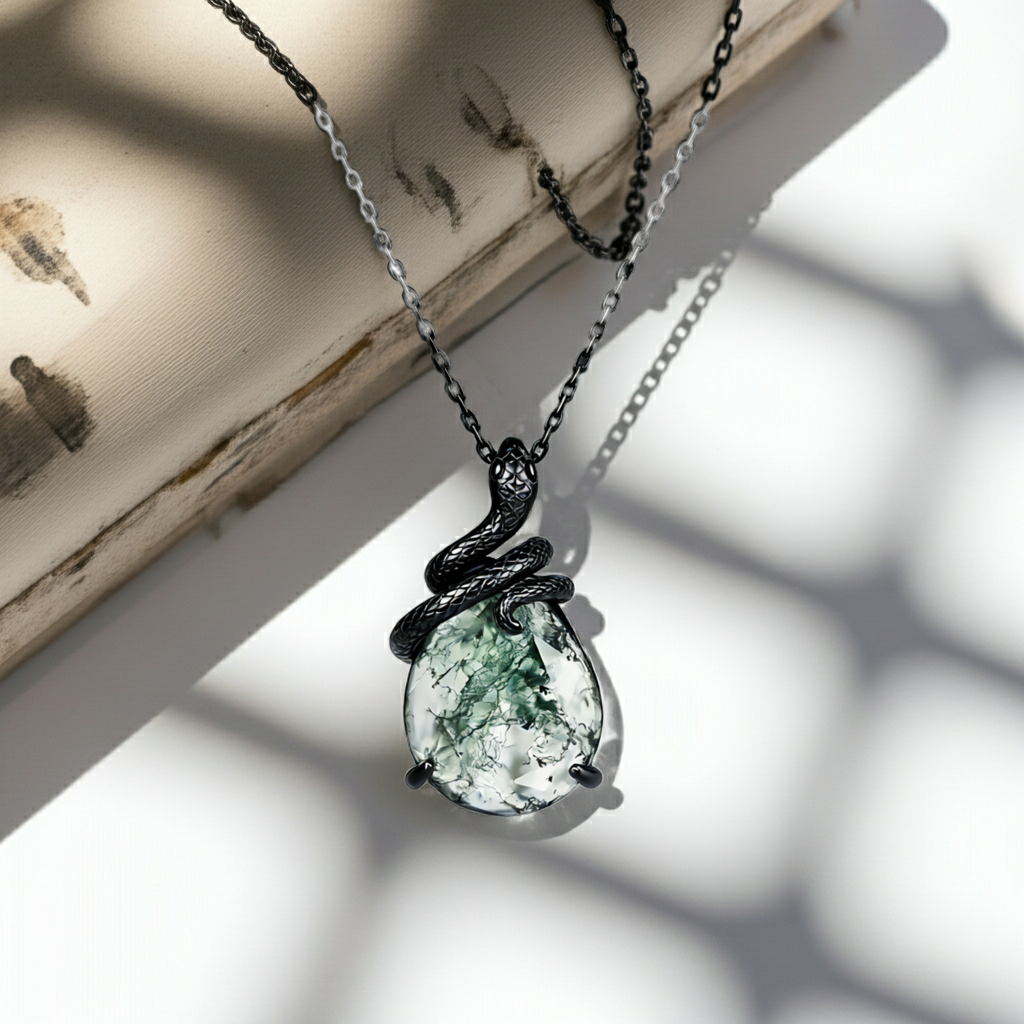 Kite Cut Moss Agate Mystical Serpent Carved Black Gold Gothic Necklace For Girlfriend - "Cloak"