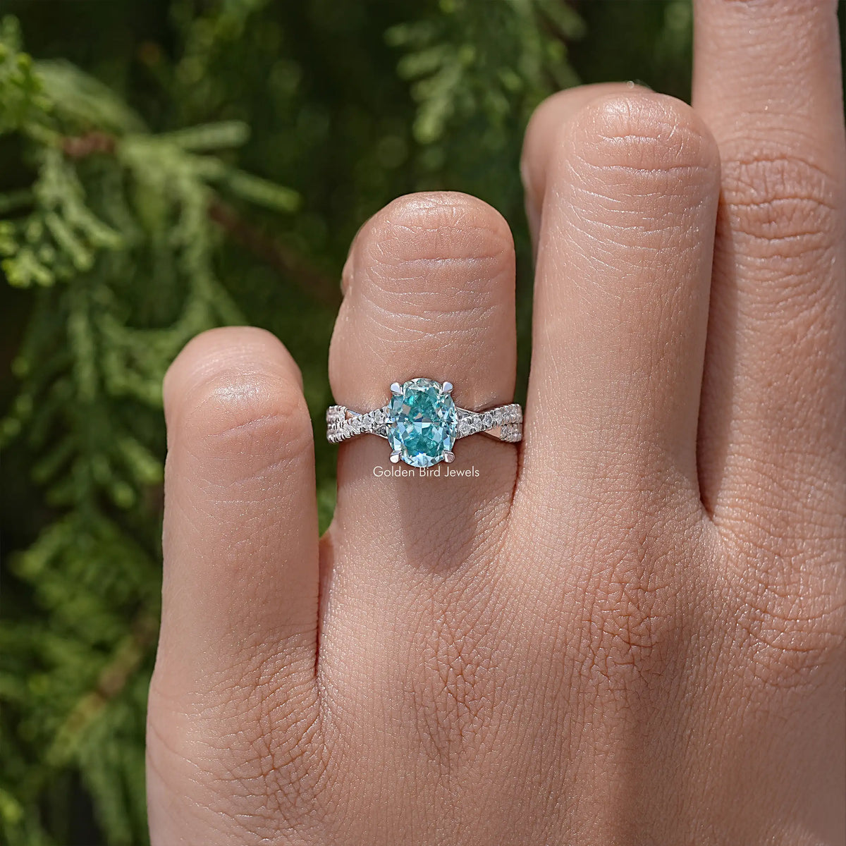 Blue Oval Moissanite Accent Wedding Ring
