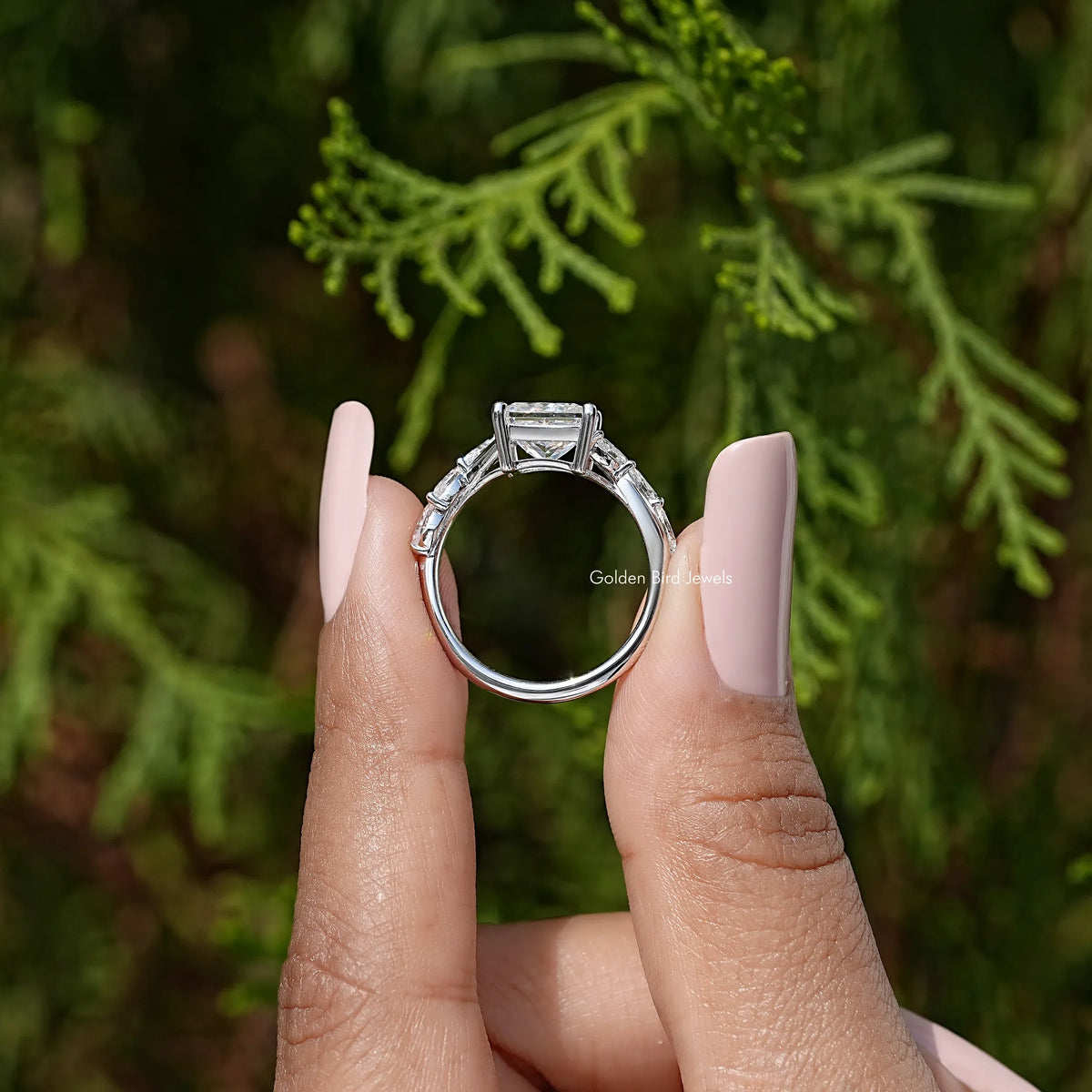Colorless Square Cut Moissanite Floral Promise Ring