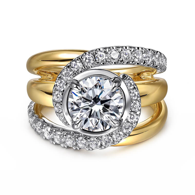 Fancy Halo Moissanite Three Split Shank Pave Two Tone Engagement Ring