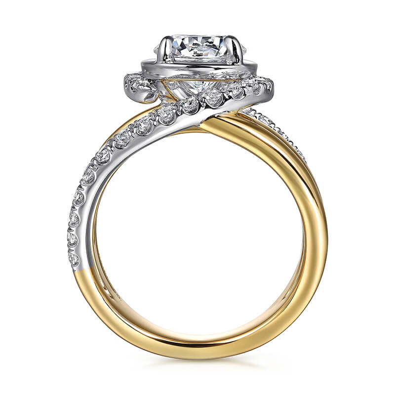 Fancy Halo Moissanite Three Split Shank Pave Two Tone Engagement Ring