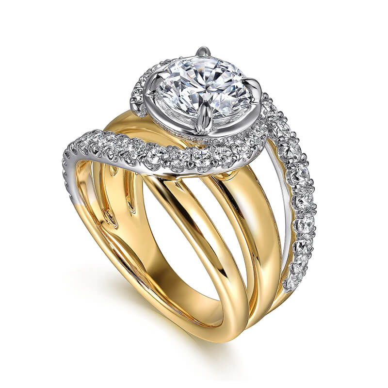 Fancy Halo Moissanite Three Split Shank Pave Two Tone Engagement Ring