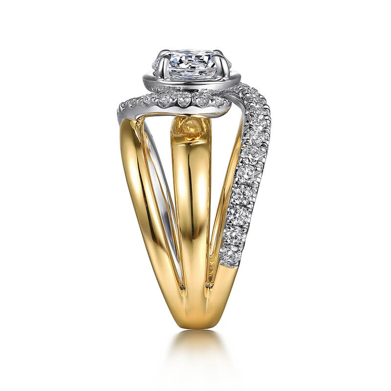 Fancy Halo Moissanite Three Split Shank Pave Two Tone Engagement Ring