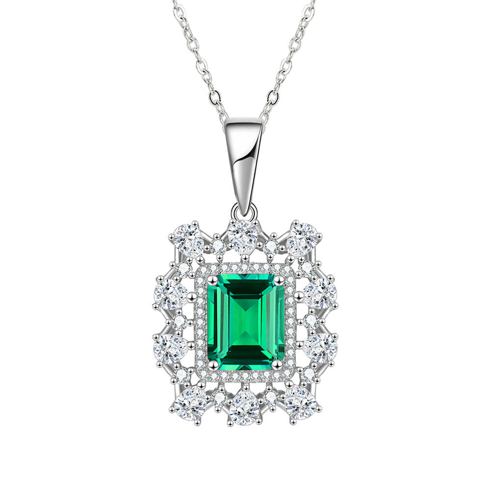 Fashion Double Halo Lab-Created Emerald Sterling Silver Necklace