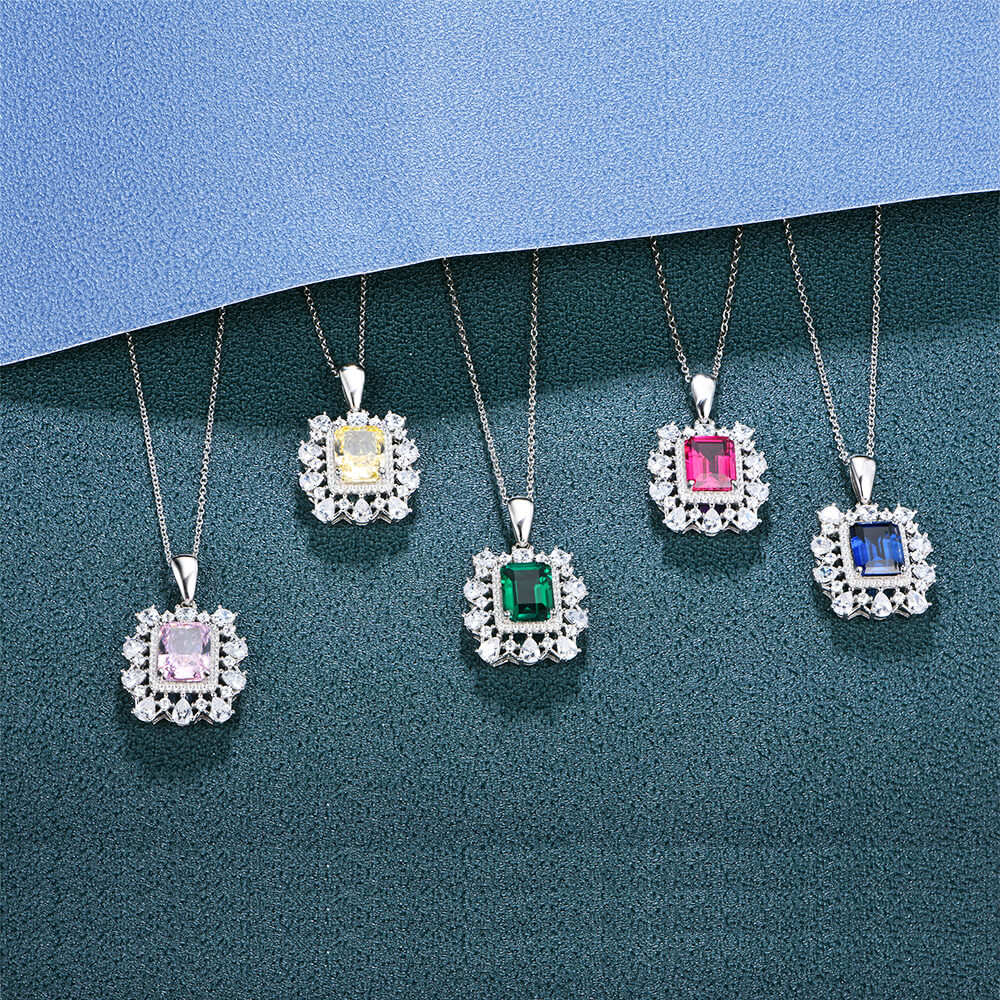 Fashion Double Halo Lab-Created Emerald Sterling Silver Necklace