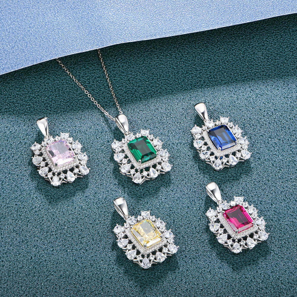 Fashion Double Halo Lab-Created Emerald Sterling Silver Necklace