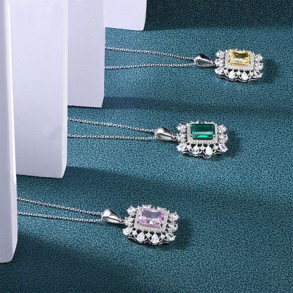 Fashion Double Halo Lab-Created Emerald Sterling Silver Necklace