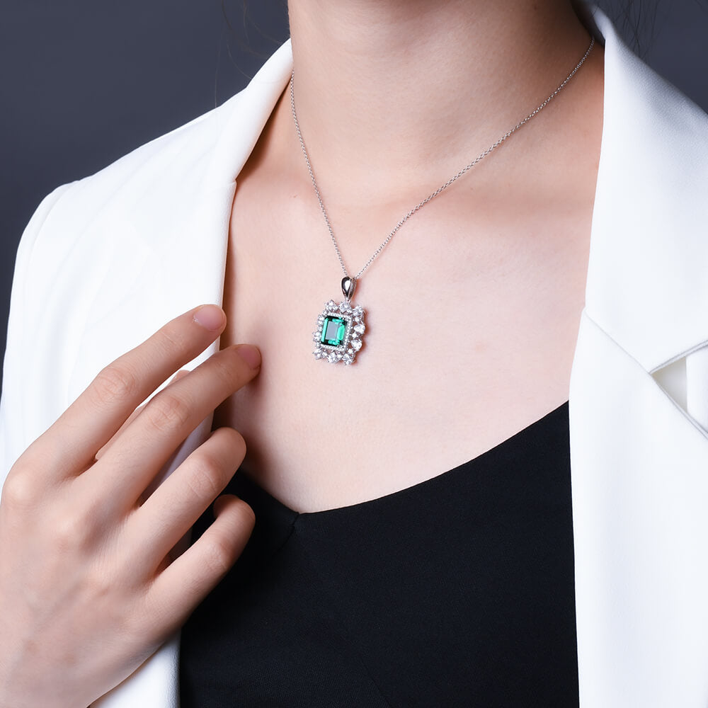 Fashion Double Halo Lab-Created Emerald Sterling Silver Necklace
