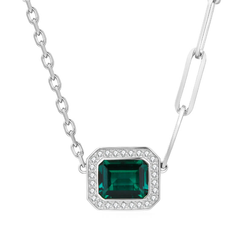 Fashion Halo Emerald Horizontal Necklace In Sterling Silver