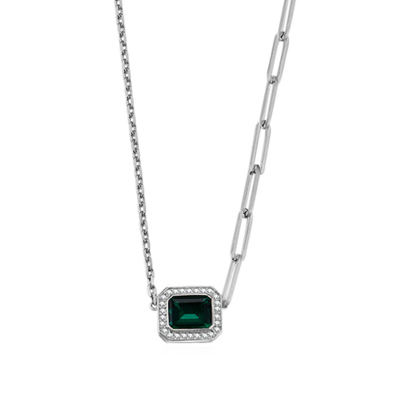 Fashion Halo Emerald Horizontal Necklace In Sterling Silver