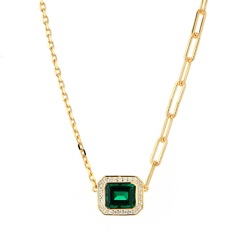 Fashion Halo Emerald Horizontal Necklace In Sterling Silver