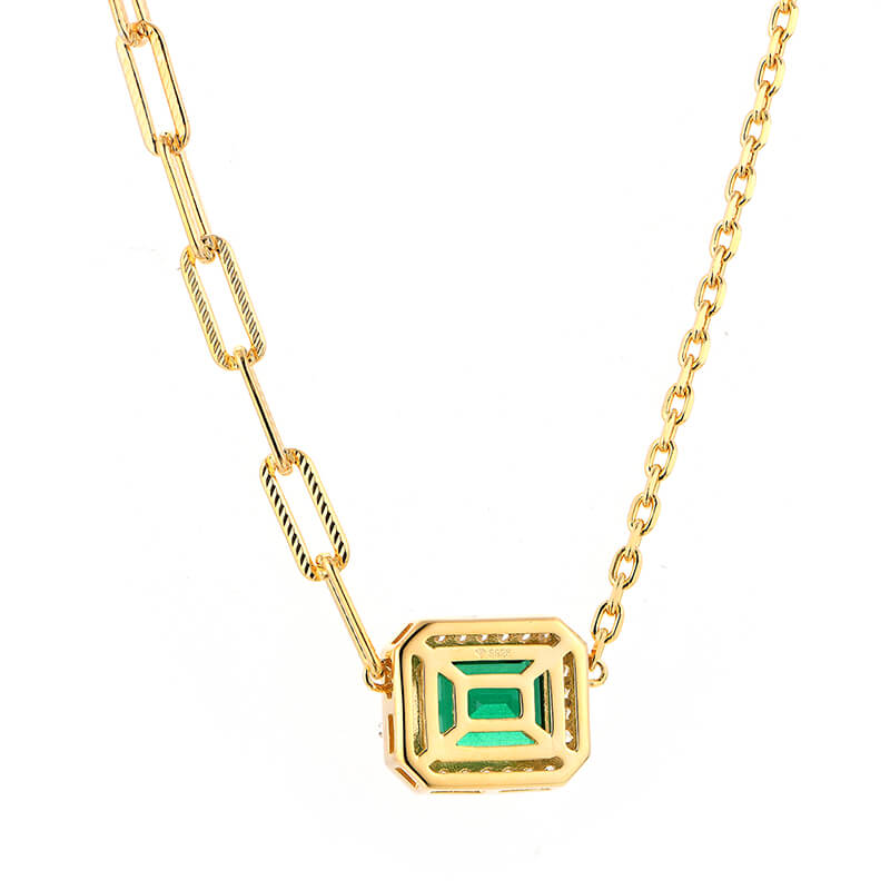 Fashion Halo Emerald Horizontal Necklace In Sterling Silver