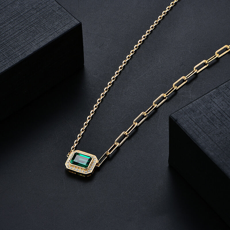 Fashion Halo Emerald Horizontal Necklace In Sterling Silver