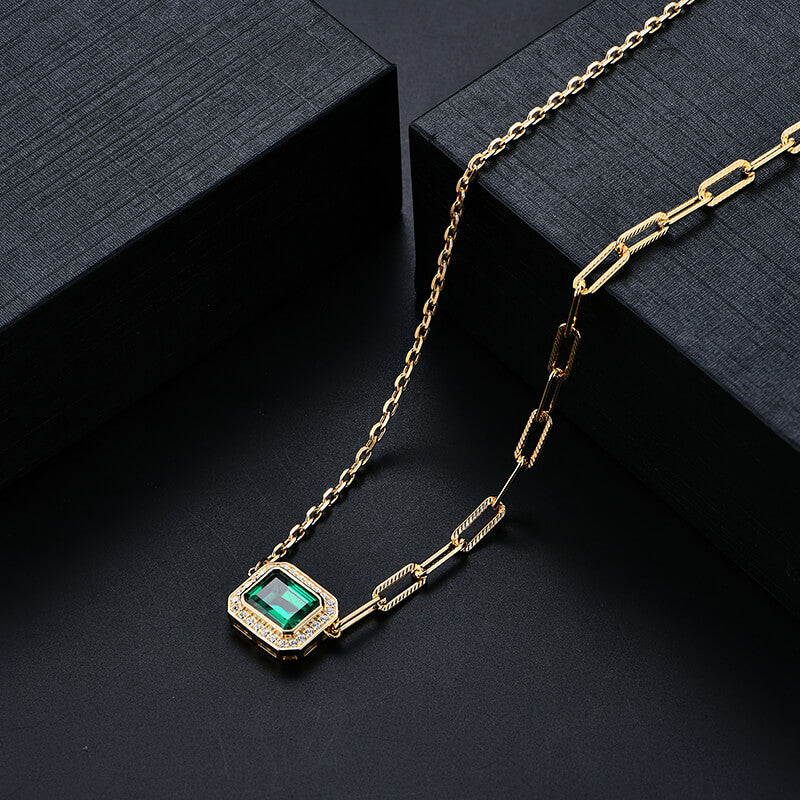 Fashion Halo Emerald Horizontal Necklace In Sterling Silver