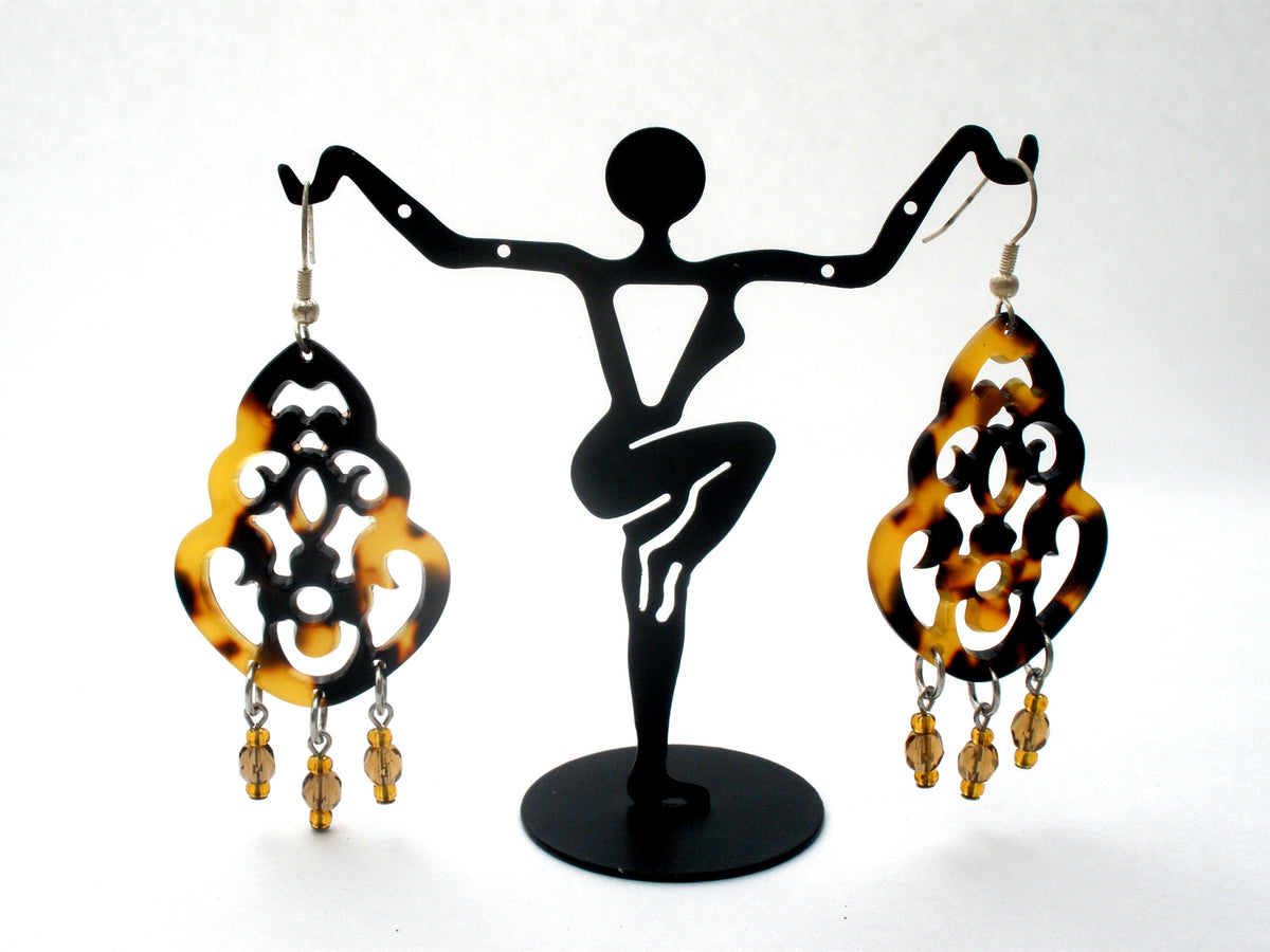 Faux Tortoise Shell & Crystal Bead Earrings 925