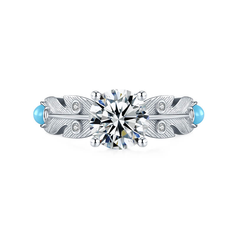 Feather with Turquoise Accents Moissanite Engagement Ring