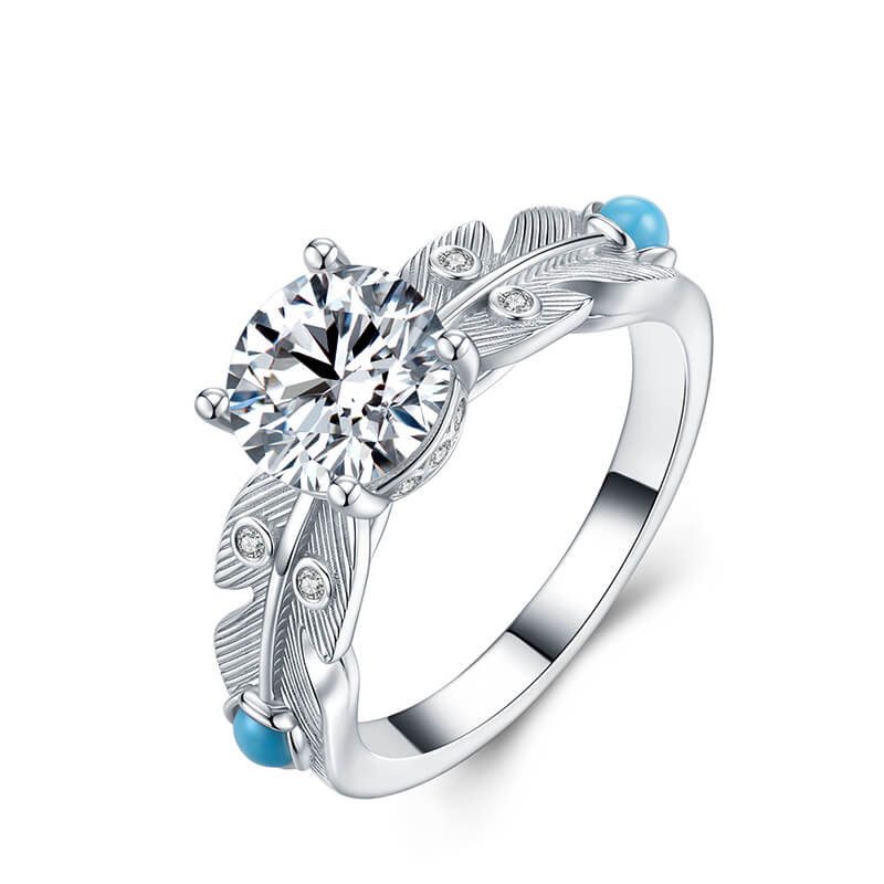 Feather with Turquoise Accents Moissanite Engagement Ring
