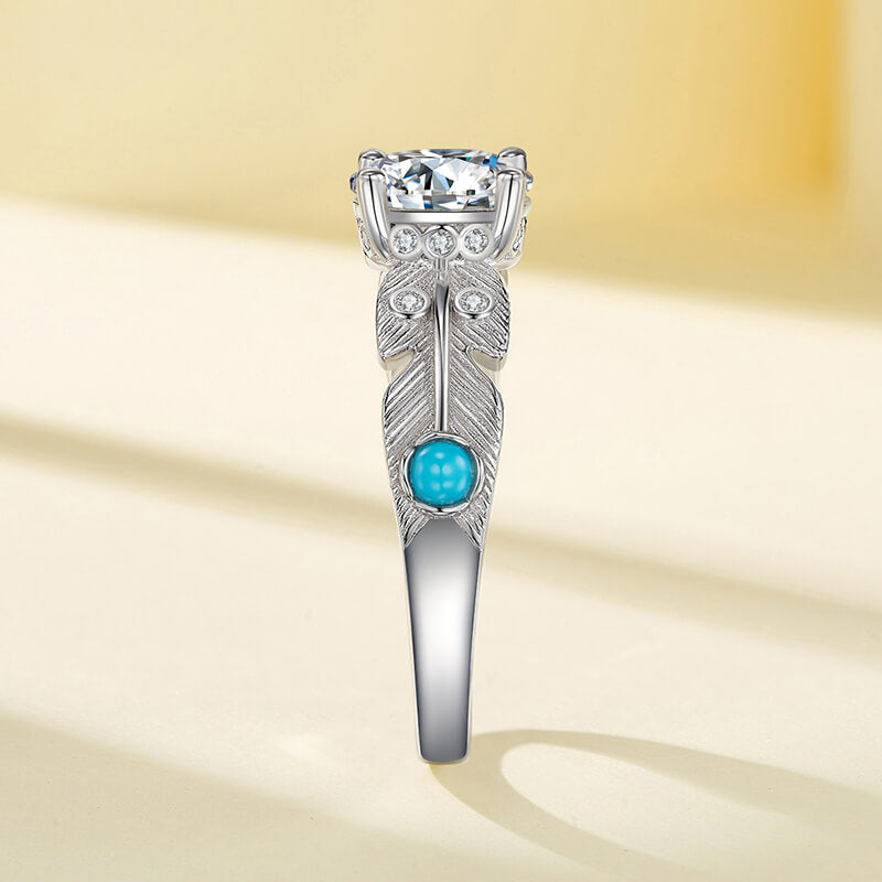 Feather with Turquoise Accents Moissanite Engagement Ring