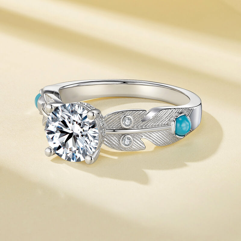 Feather with Turquoise Accents Moissanite Engagement Ring