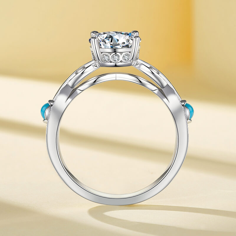 Feather with Turquoise Accents Moissanite Engagement Ring