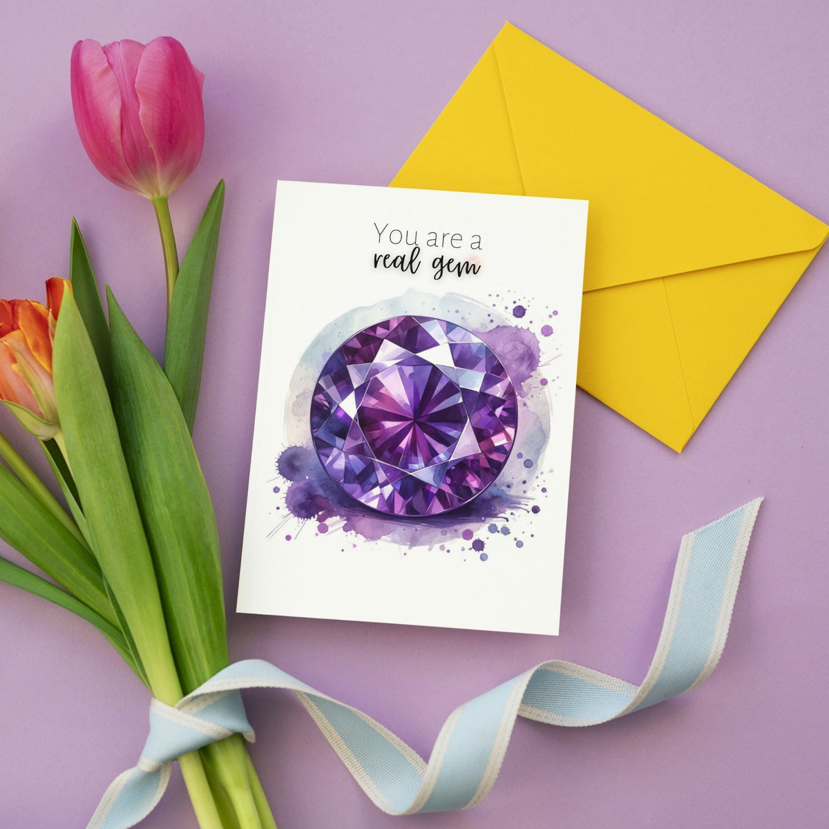 You are a real Gem | Watercolor Round Amethyst Folded  Birthday Card