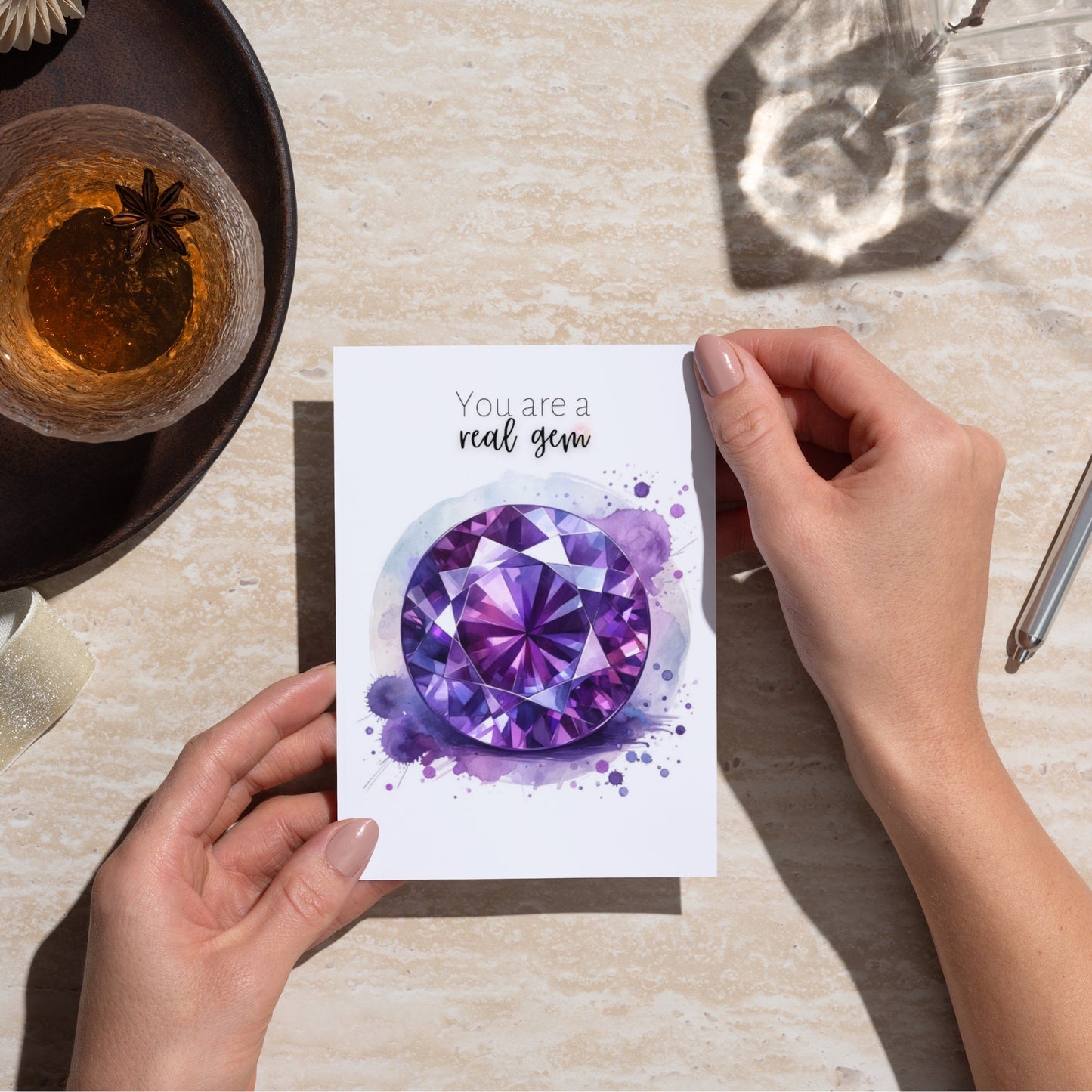 You are a real Gem | Watercolor Round Amethyst Folded  Birthday Card