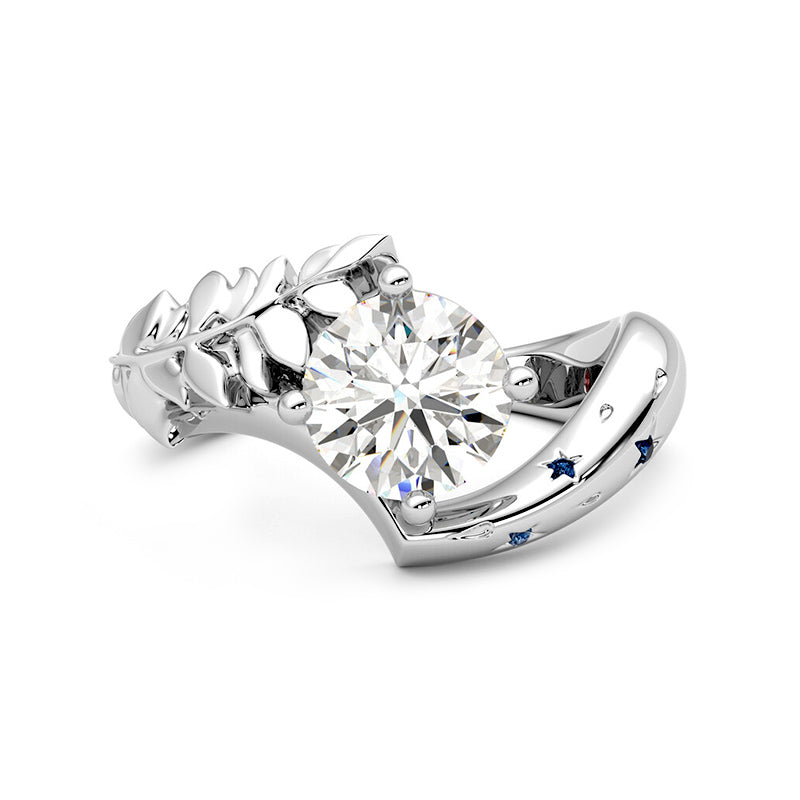 Fern Solitaire Moissanite With Star Set Blue Sapphire Engagement Ring