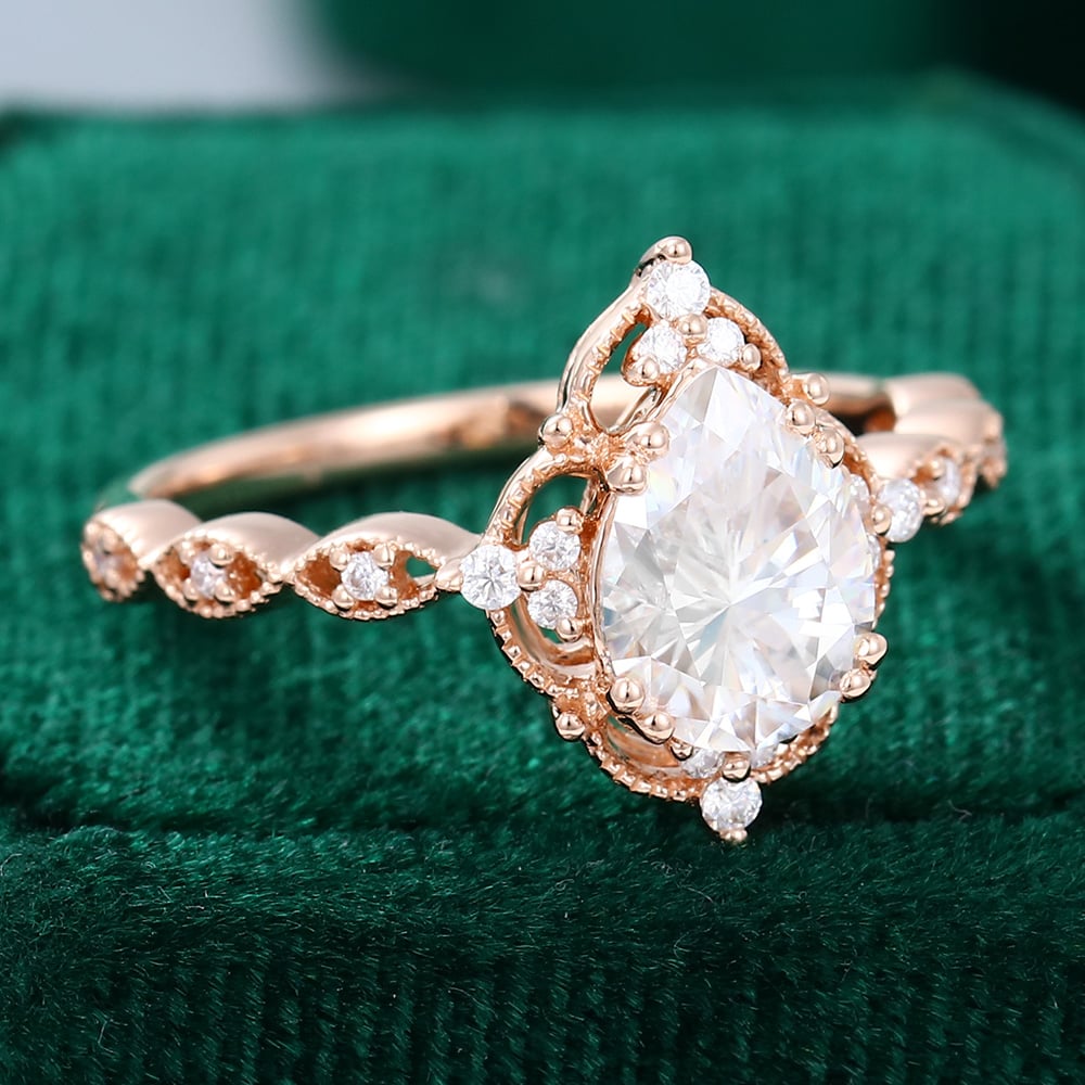 Filigree Floral Halo | Vintage Inspired Pear Cut Moissanite Engagement Ring with Milgrain Accents